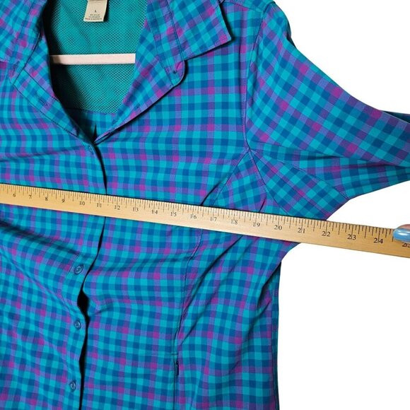 Duluth Trading Womens Large Blue Purple Plaid Button-Up Shirt Fishing Zip Pocket - Picture 12 of 13